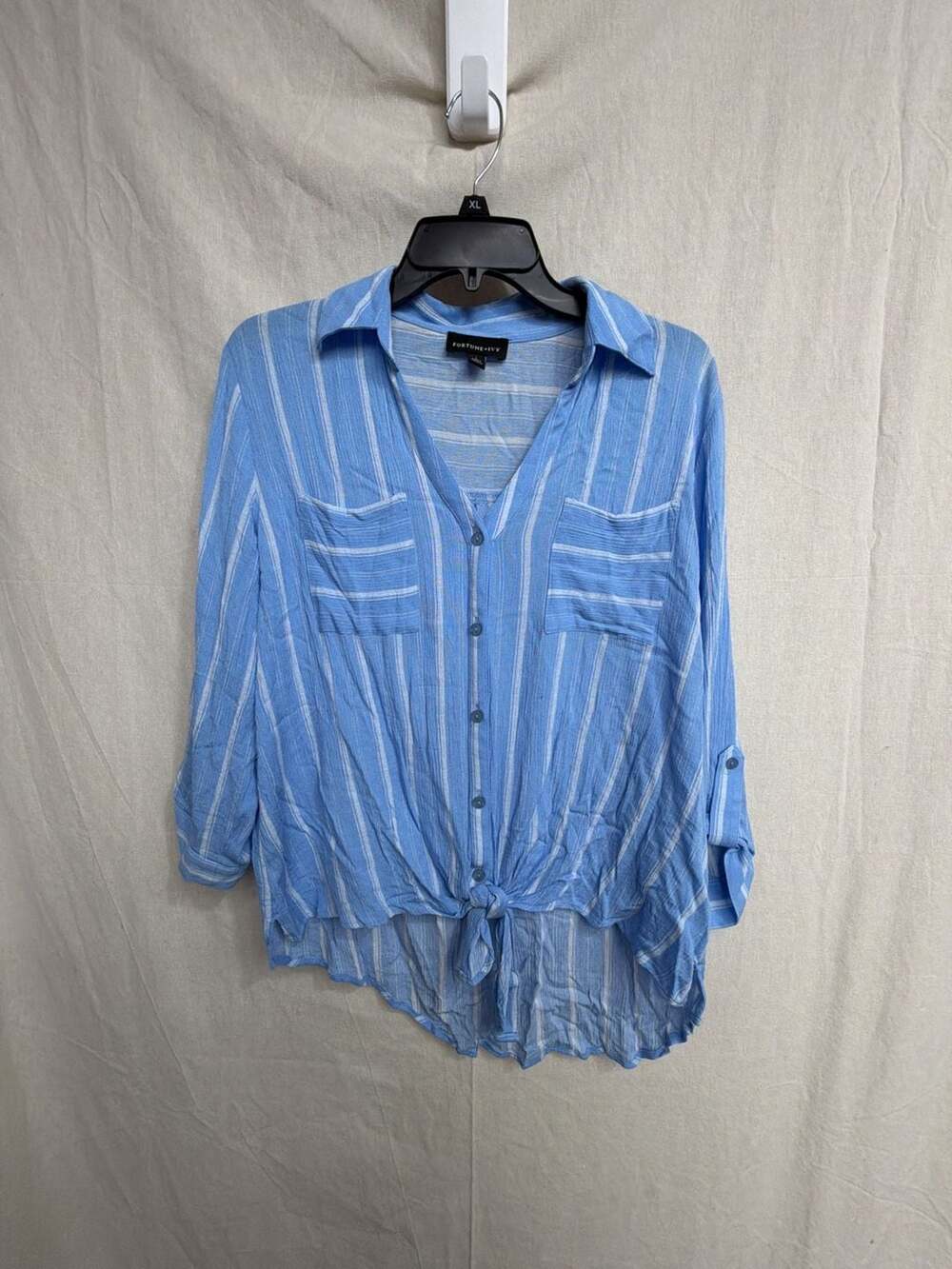 Fortune + Ivy Blue and White Striped Rayon Button-Down Tie-Hem Shirt